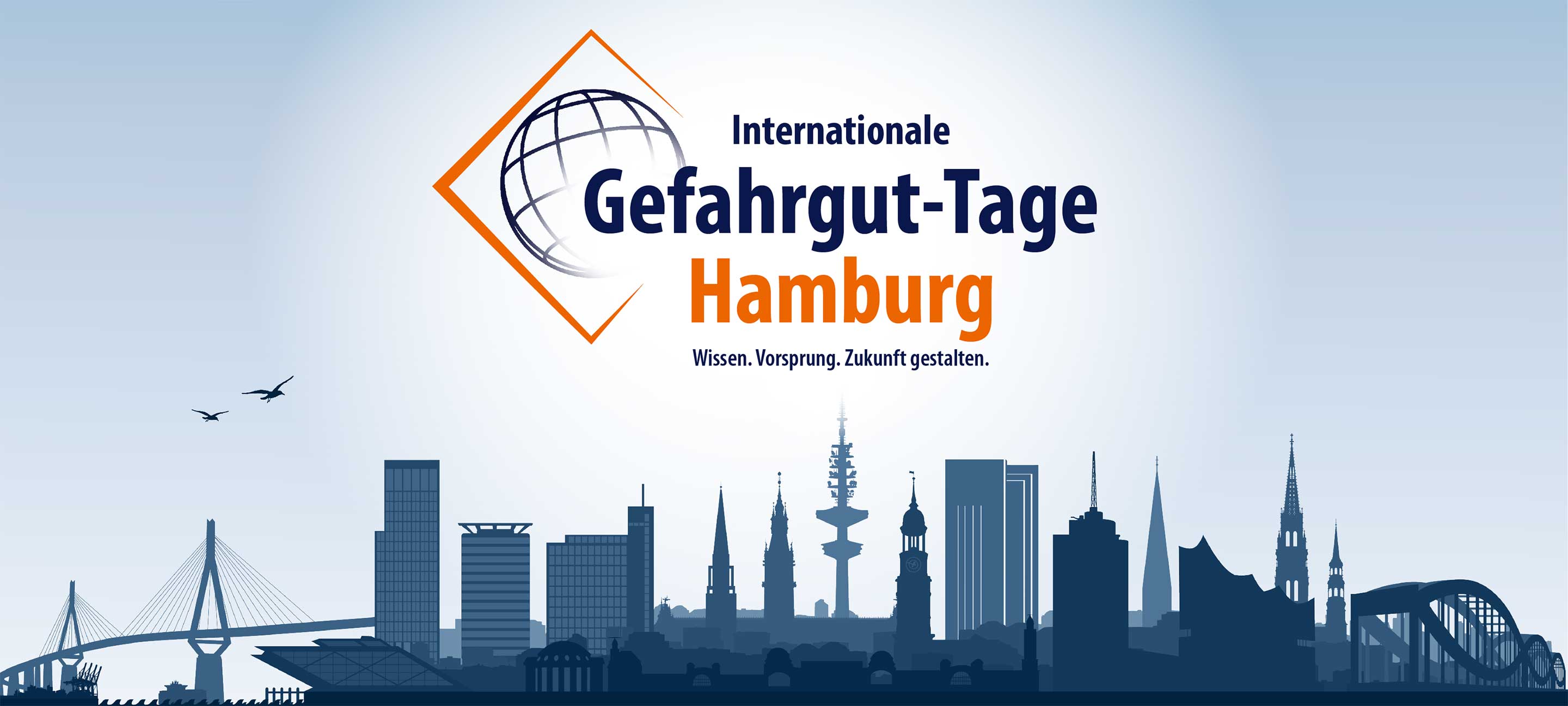Internationale Gefahrgut-Tage Hamburg – Wissen. Vorsprung. Zukunft gestalten. Veranstaltungslogo über der Hamburger Skyline.
